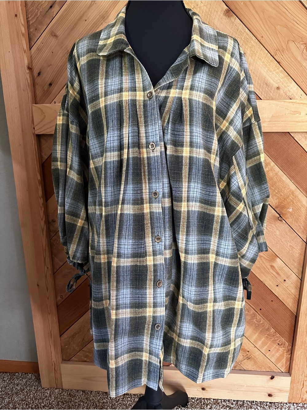POL Plaid Hooded Button Down Shirt in Olive Green and Yellow
